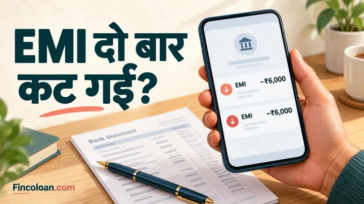 मोबाइल स्क्रीन पर ₹6,000 की EMI की दो कटौतियाँ और पास में रखा बैंक स्टेटमेंट।