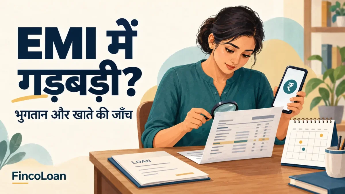 EMI भुगतान की जाँच के लिए बैंक विवरण और मोबाइल पर जानकारी देखती महिला।